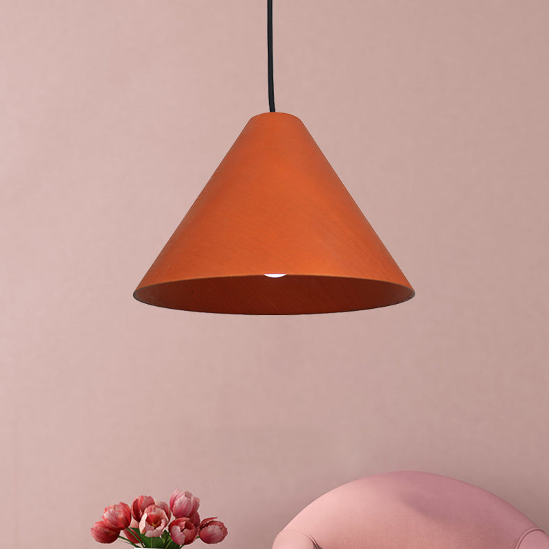 1 Head Cafe Suspension Lamp Rural Red/Beige Hanging Light Fixture with Conic Wood Shade, 10"/13" Wide Clearhalo 'Ceiling Lights' 'Modern Pendants' 'Modern' 'Pendant Lights' 'Pendants' Lighting' 1866221