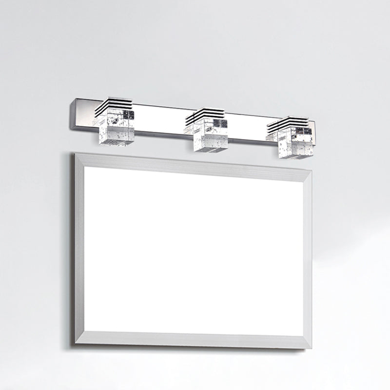 Cubic Bathroom Vanity Light Fixture Clear Crystal 2/3 Bulbs Modernism Wall Lighting in Chrome, Warm/White Light 3.0 Chrome Clearhalo 'Modern wall lights' 'Modern' 'Vanity Lights' 'Wall Lights' Lighting' 1866236