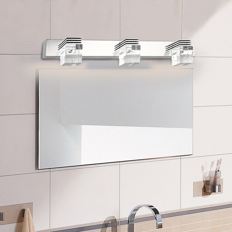 Cubic Bathroom Vanity Light Fixture Clear Crystal 2/3 Bulbs Modernism Wall Lighting in Chrome, Warm/White Light Clearhalo 'Modern wall lights' 'Modern' 'Vanity Lights' 'Wall Lights' Lighting' 1866237
