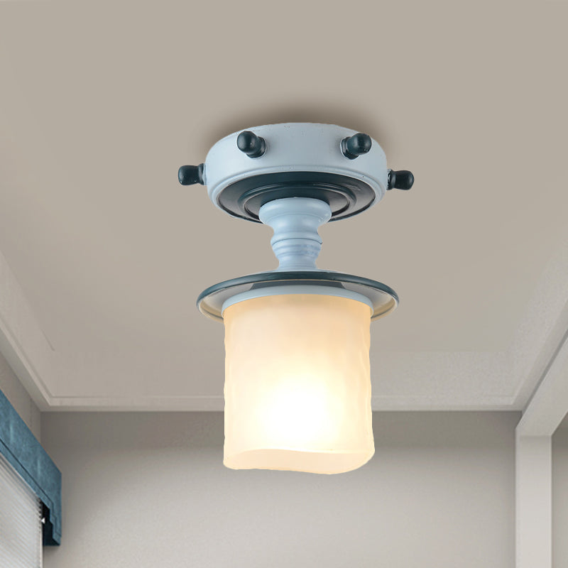 Black/Blue Column/Flared Ceiling Flush Mediterranean 1-Bulb Opaque Glass Semi Flush Mount Light, 6"/13" Width Clearhalo 'Ceiling Lights' 'Close To Ceiling Lights' 'Close to ceiling' 'Glass shade' 'Glass' 'Pendant Lights' 'Semi-flushmount' Lighting' 1866332