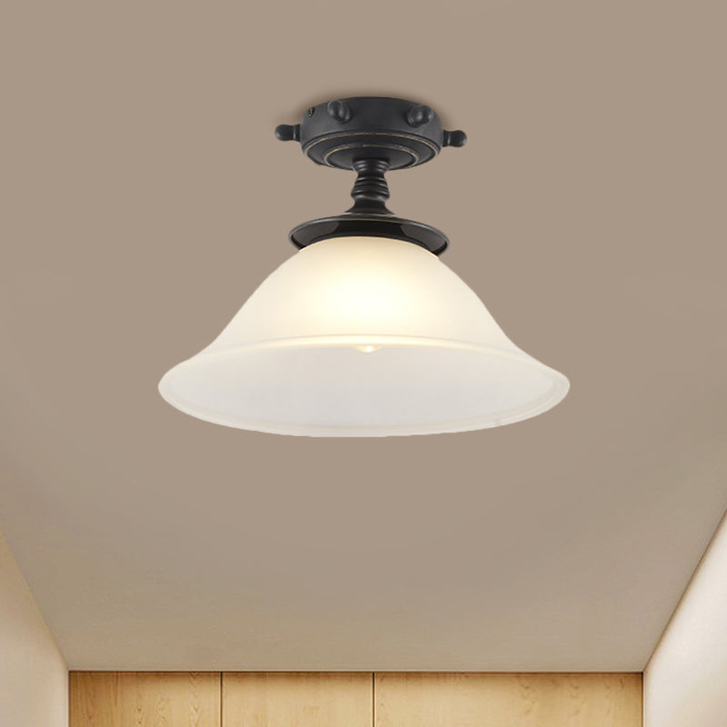 Black/Blue Column/Flared Ceiling Flush Mediterranean 1-Bulb Opaque Glass Semi Flush Mount Light, 6"/13" Width Black 13" Clearhalo 'Ceiling Lights' 'Close To Ceiling Lights' 'Close to ceiling' 'Glass shade' 'Glass' 'Pendant Lights' 'Semi-flushmount' Lighting' 1866335