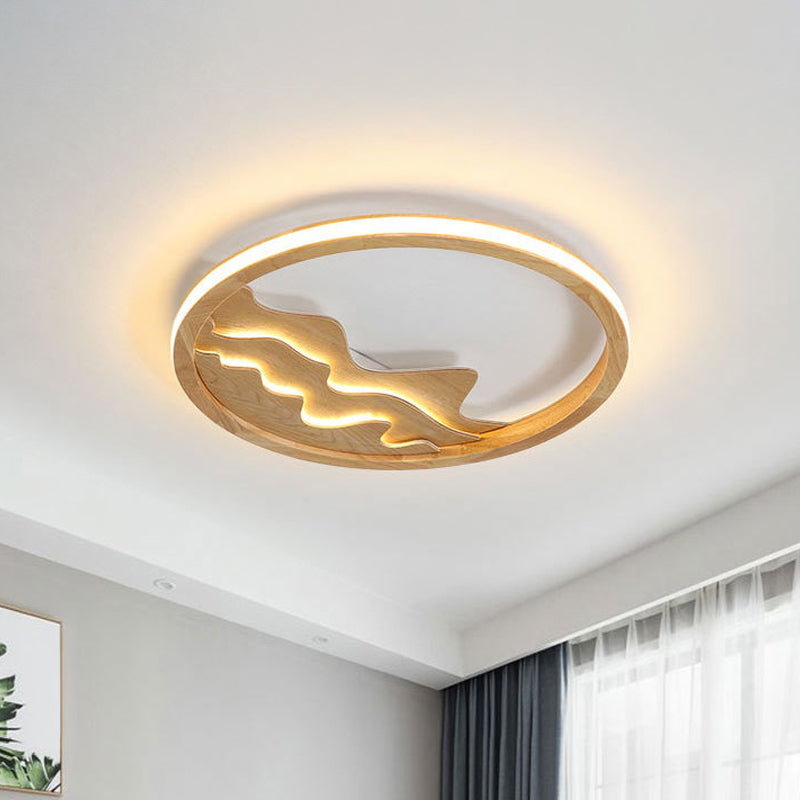 13"/17" W Circle Ceiling Light Fixture Simple Wood LED Beige Flush Mount Lamp with Landscape Design Beige A Clearhalo 'Ceiling Lights' 'Close To Ceiling Lights' 'Close to ceiling' 'Flush mount' Lighting' 1866362
