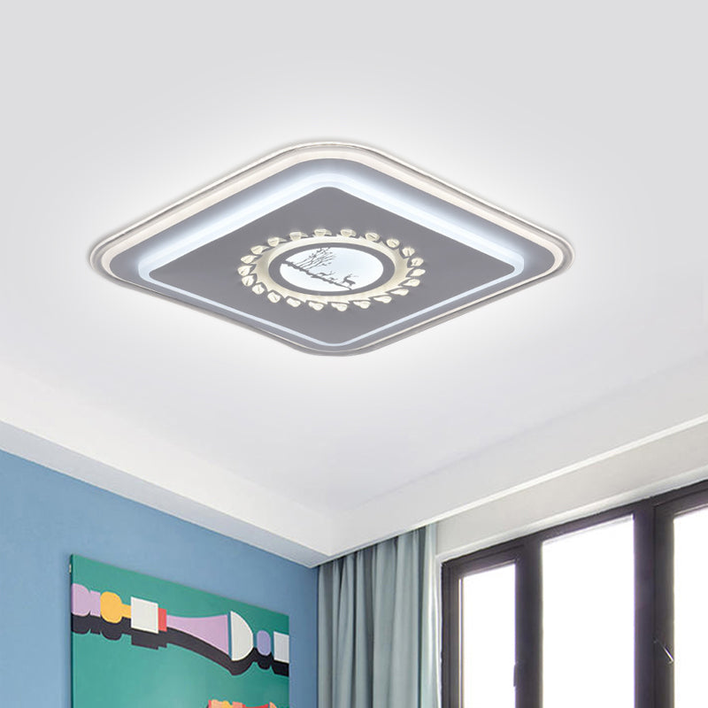 Square Acrylic Flush Mount Light Minimalism LED White Close to Ceiling Lighting with Floral/Plum Blossom/Deer Pattern White C Clearhalo 'Ceiling Lights' 'Close To Ceiling Lights' 'Close to ceiling' 'Flush mount' Lighting' 1866380