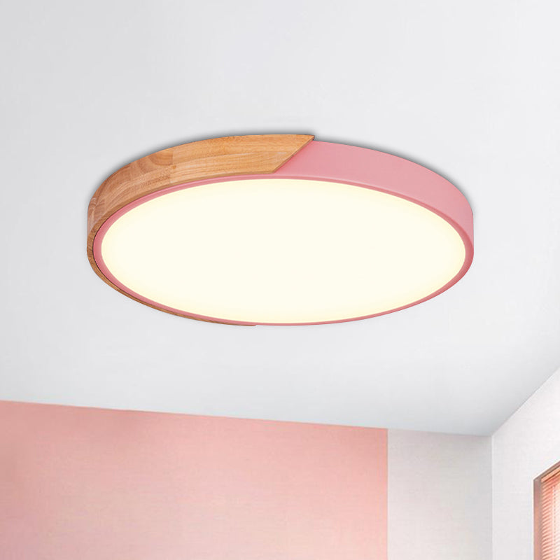 Round Close to Ceiling Lamp Contemporary Metal Pink/Yellow/Green LED Flush Light Fixture, 16"/19.5" Wide Pink Clearhalo 'Ceiling Lights' 'Close To Ceiling Lights' 'Close to ceiling' 'Flush mount' Lighting' 1866531
