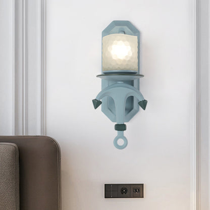 Blue Cylinder Wall Light Fixture Nautical 1/2-Bulb Dimpled Glass Wall Mount Lamp with Resin Anchor Deco 1.0 Blue Clearhalo 'Wall Lamps & Sconces' 'Wall Lights' Lighting' 1866587