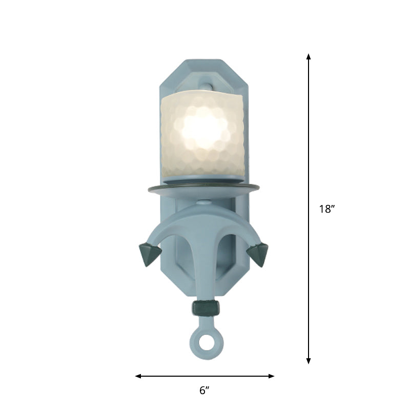 Blue Cylinder Wall Light Fixture Nautical 1/2-Bulb Dimpled Glass Wall Mount Lamp with Resin Anchor Deco Clearhalo 'Wall Lamps & Sconces' 'Wall Lights' Lighting' 1866591