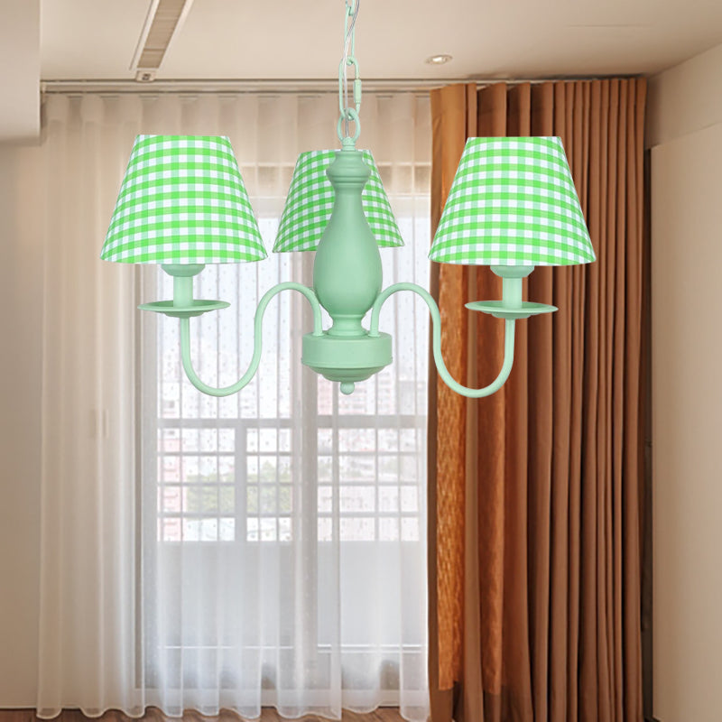 Green Plaid Shade Chandelier Three Bulbs Kids Modern Metal Hanging Light for Bedroom Clearhalo 'Ceiling Lights' 'Chandeliers' Lighting' options 186660