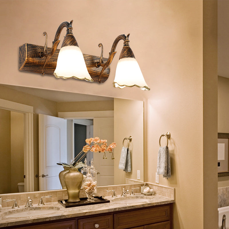 Floral Opal Glass Wall Light Fixture Simple 2/3-Light Bronze/Distressed White Wall Mounted Lighting with Curved Arm 2.0 Bronze Clearhalo 'Cast Iron' 'Glass' 'Industrial' 'Modern wall lights' 'Modern' 'Tiffany' 'Traditional wall lights' 'Vanity Lights' 'Wall Lights' Lighting' 1866658