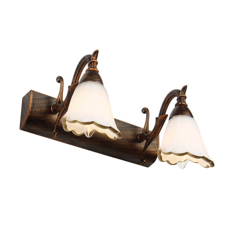 Floral Opal Glass Wall Light Fixture Simple 2/3-Light Bronze/Distressed White Wall Mounted Lighting with Curved Arm Clearhalo 'Cast Iron' 'Glass' 'Industrial' 'Modern wall lights' 'Modern' 'Tiffany' 'Traditional wall lights' 'Vanity Lights' 'Wall Lights' Lighting' 1866659