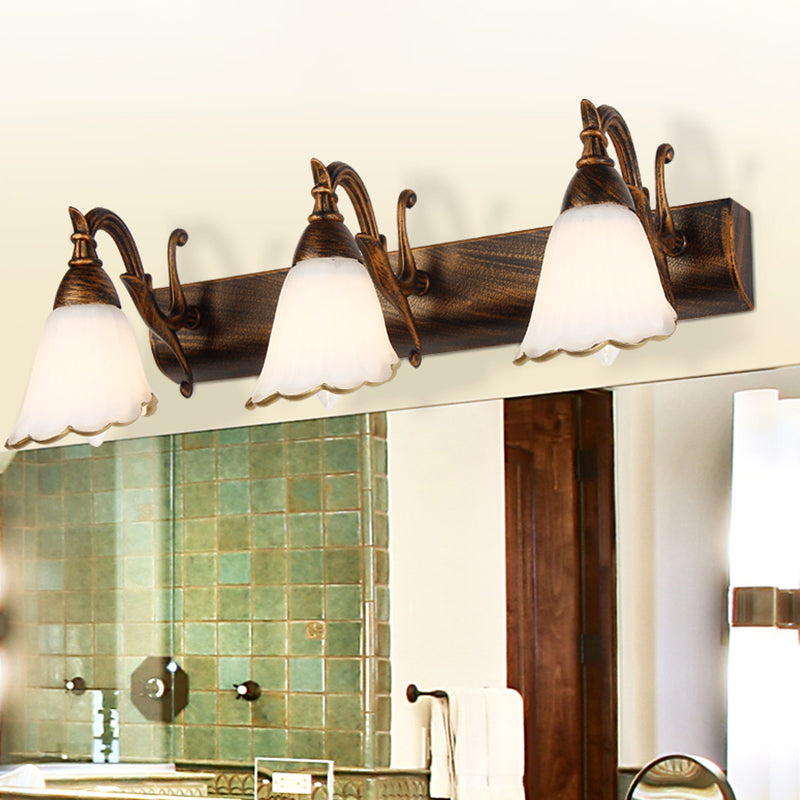 Floral Opal Glass Wall Light Fixture Simple 2/3-Light Bronze/Distressed White Wall Mounted Lighting with Curved Arm 3.0 Bronze Clearhalo 'Cast Iron' 'Glass' 'Industrial' 'Modern wall lights' 'Modern' 'Tiffany' 'Traditional wall lights' 'Vanity Lights' 'Wall Lights' Lighting' 1866662