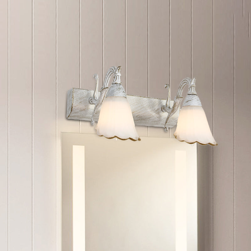 Floral Opal Glass Wall Light Fixture Simple 2/3-Light Bronze/Distressed White Wall Mounted Lighting with Curved Arm 2.0 Distressed White Clearhalo 'Cast Iron' 'Glass' 'Industrial' 'Modern wall lights' 'Modern' 'Tiffany' 'Traditional wall lights' 'Vanity Lights' 'Wall Lights' Lighting' 1866667