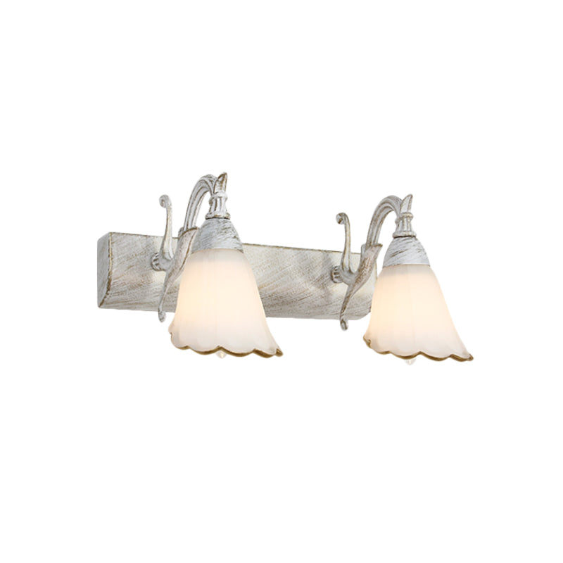 Floral Opal Glass Wall Light Fixture Simple 2/3-Light Bronze/Distressed White Wall Mounted Lighting with Curved Arm Clearhalo 'Cast Iron' 'Glass' 'Industrial' 'Modern wall lights' 'Modern' 'Tiffany' 'Traditional wall lights' 'Vanity Lights' 'Wall Lights' Lighting' 1866669