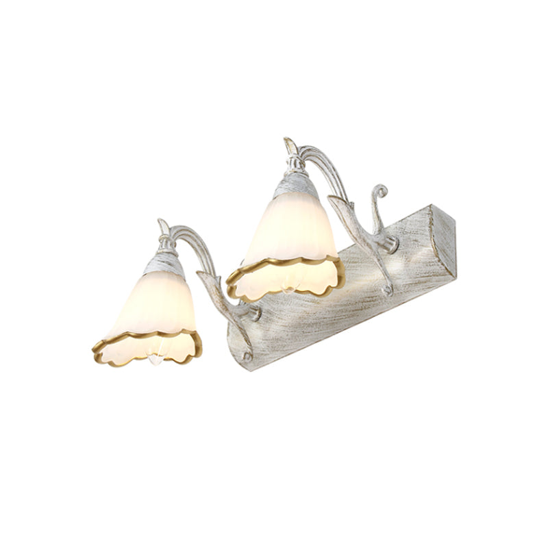 Floral Opal Glass Wall Light Fixture Simple 2/3-Light Bronze/Distressed White Wall Mounted Lighting with Curved Arm Clearhalo 'Cast Iron' 'Glass' 'Industrial' 'Modern wall lights' 'Modern' 'Tiffany' 'Traditional wall lights' 'Vanity Lights' 'Wall Lights' Lighting' 1866670