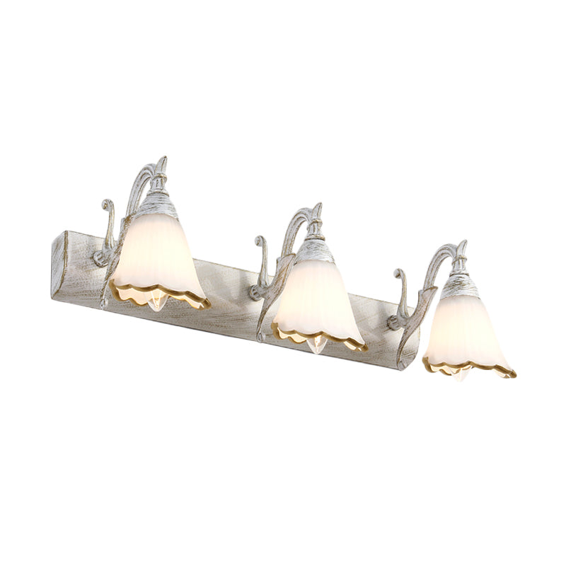 Floral Opal Glass Wall Light Fixture Simple 2/3-Light Bronze/Distressed White Wall Mounted Lighting with Curved Arm Clearhalo 'Cast Iron' 'Glass' 'Industrial' 'Modern wall lights' 'Modern' 'Tiffany' 'Traditional wall lights' 'Vanity Lights' 'Wall Lights' Lighting' 1866673