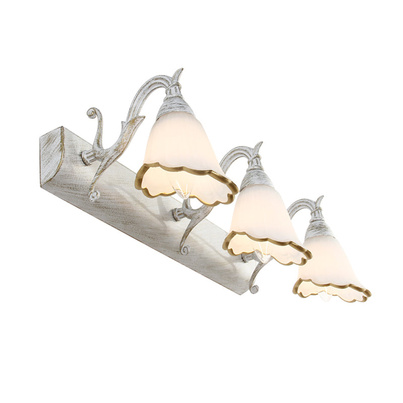 Floral Opal Glass Wall Light Fixture Simple 2/3-Light Bronze/Distressed White Wall Mounted Lighting with Curved Arm Clearhalo 'Cast Iron' 'Glass' 'Industrial' 'Modern wall lights' 'Modern' 'Tiffany' 'Traditional wall lights' 'Vanity Lights' 'Wall Lights' Lighting' 1866674