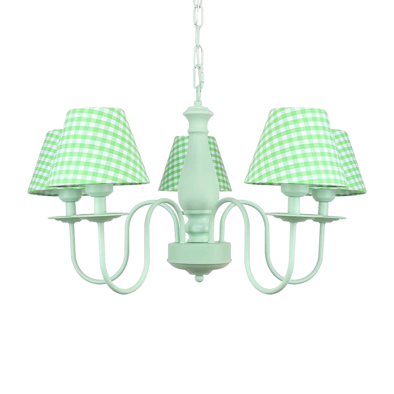 Macaron Loft Plaid Shade Chandelier Metal 4 Lights Green Hanging Light for Nursing Room Clearhalo 'Ceiling Lights' 'Chandeliers' Lighting' options 186678