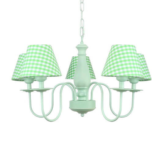 Macaron Loft Plaid Shade Chandelier Metal 4 Lights Green Hanging Light for Nursing Room Clearhalo 'Ceiling Lights' 'Chandeliers' Lighting' options 186678