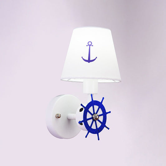 Fabric Tapered Shade Wall Light Sconce Kids Single Head White Wall Lighting with Rudder Decor Clearhalo 'Wall Lamps & Sconces' 'Wall Lights' Lighting' 1866848