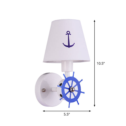 Fabric Tapered Shade Wall Light Sconce Kids Single Head White Wall Lighting with Rudder Decor Clearhalo 'Wall Lamps & Sconces' 'Wall Lights' Lighting' 1866849