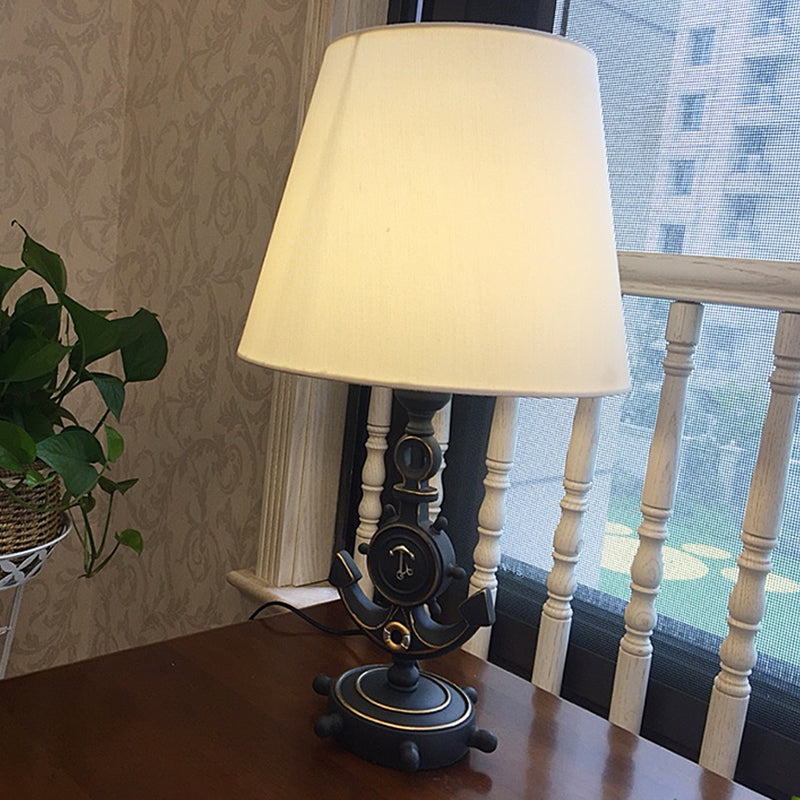 Black/Blue Anchor Base Desk Lamp Kids 1 Head Resin Task Lighting with Tapered White Fabric Shade Clearhalo 'Lamps' 'Table Lamps' Lighting' 1866855