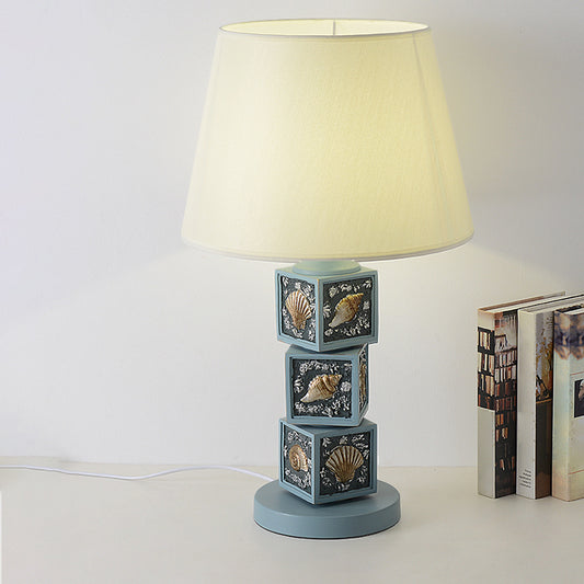 Stacked Cube Desk Lighting Mediterranean Resin 1 Bulb Light/Sky Blue Night Lamp with Barrel Fabric Shade Light Blue Clearhalo 'Lamps' 'Table Lamps' Lighting' 1866886