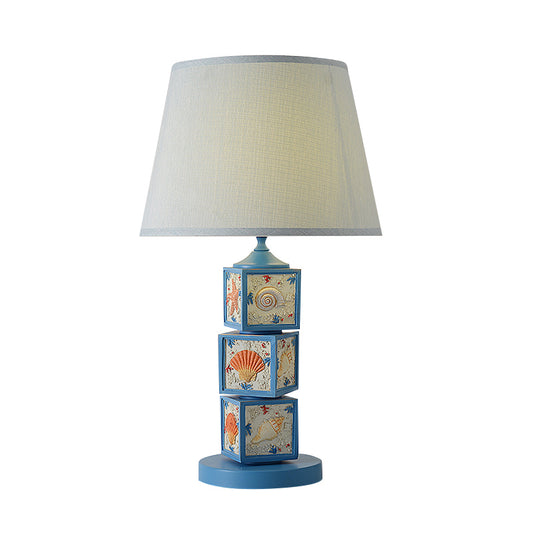 Stacked Cube Desk Lighting Mediterranean Resin 1 Bulb Light/Sky Blue Night Lamp with Barrel Fabric Shade Clearhalo 'Lamps' 'Table Lamps' Lighting' 1866892
