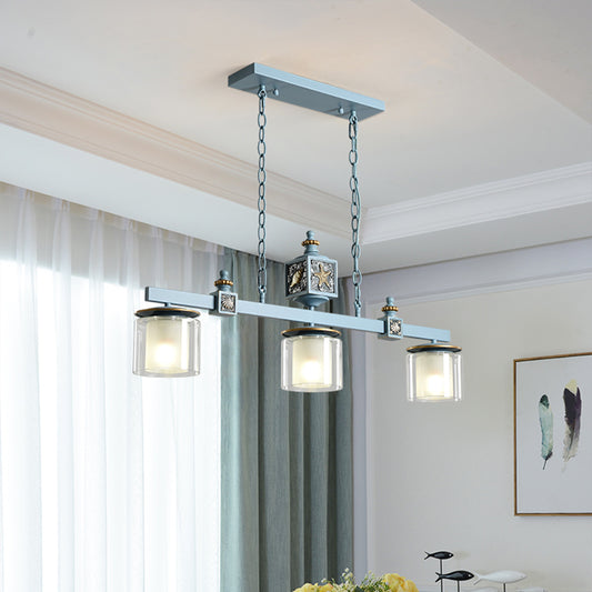 Dual Cylinder Parlor Island Lighting Clear and Frosted Glass 3 Bulbs Simple Pendant Lamp in Sky/Light Blue Light Blue Clearhalo 'Ceiling Lights' 'Glass shade' 'Glass' 'Island Lights' 'Pendant Lights' Lighting' 1866902