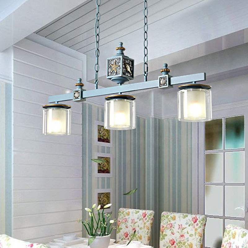 Dual Cylinder Parlor Island Lighting Clear and Frosted Glass 3 Bulbs Simple Pendant Lamp in Sky/Light Blue Clearhalo 'Ceiling Lights' 'Glass shade' 'Glass' 'Island Lights' 'Pendant Lights' Lighting' 1866903