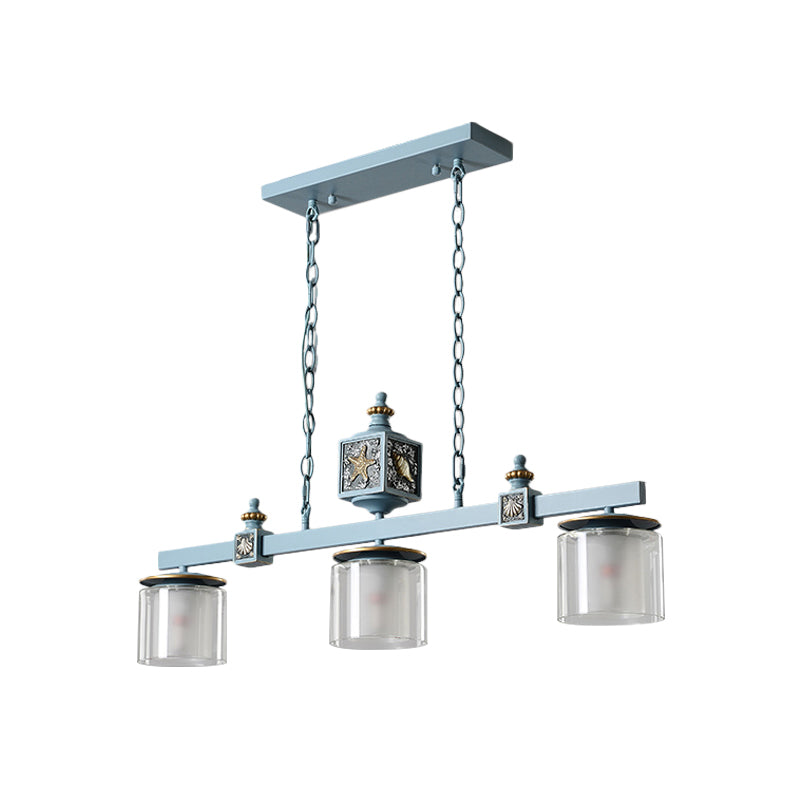 Dual Cylinder Parlor Island Lighting Clear and Frosted Glass 3 Bulbs Simple Pendant Lamp in Sky/Light Blue Clearhalo 'Ceiling Lights' 'Glass shade' 'Glass' 'Island Lights' 'Pendant Lights' Lighting' 1866904