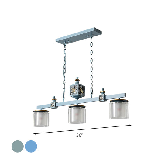 Dual Cylinder Parlor Island Lighting Clear and Frosted Glass 3 Bulbs Simple Pendant Lamp in Sky/Light Blue Clearhalo 'Ceiling Lights' 'Glass shade' 'Glass' 'Island Lights' 'Pendant Lights' Lighting' 1866905