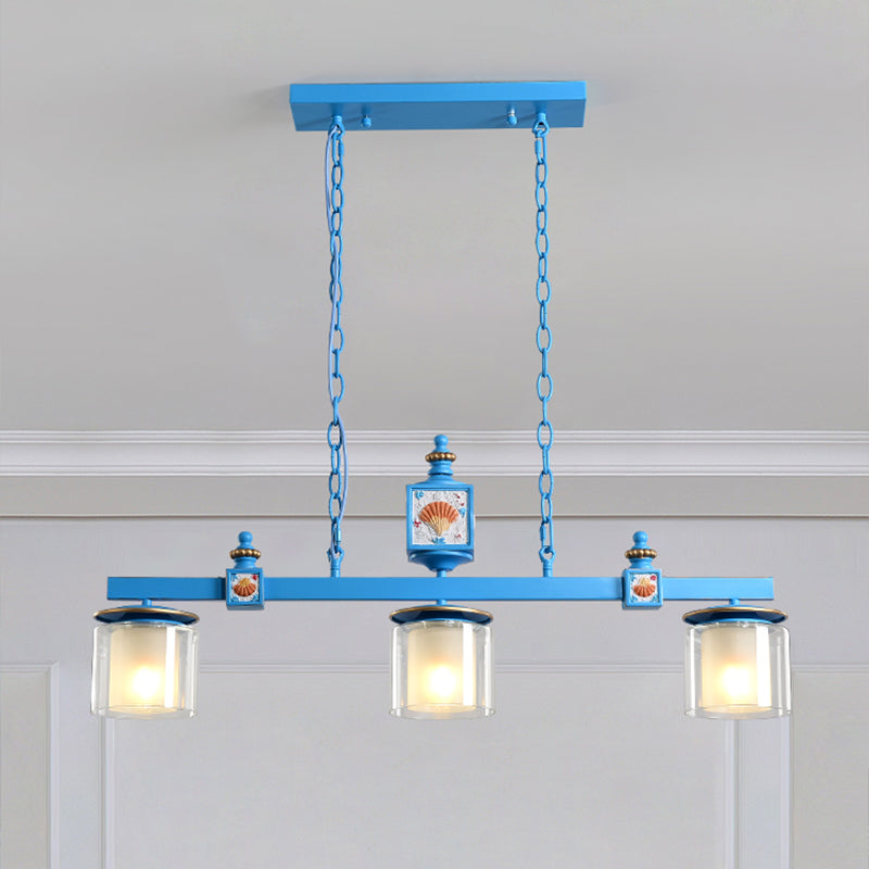 Dual Cylinder Parlor Island Lighting Clear and Frosted Glass 3 Bulbs Simple Pendant Lamp in Sky/Light Blue Sky Blue Clearhalo 'Ceiling Lights' 'Glass shade' 'Glass' 'Island Lights' 'Pendant Lights' Lighting' 1866906