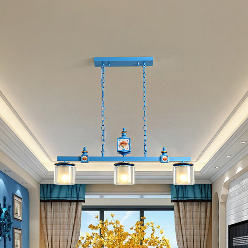 Dual Cylinder Parlor Island Lighting Clear and Frosted Glass 3 Bulbs Simple Pendant Lamp in Sky/Light Blue Clearhalo 'Ceiling Lights' 'Glass shade' 'Glass' 'Island Lights' 'Pendant Lights' Lighting' 1866907