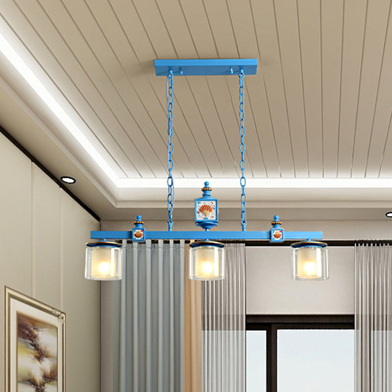 Dual Cylinder Parlor Island Lighting Clear and Frosted Glass 3 Bulbs Simple Pendant Lamp in Sky/Light Blue Clearhalo 'Ceiling Lights' 'Glass shade' 'Glass' 'Island Lights' 'Pendant Lights' Lighting' 1866908