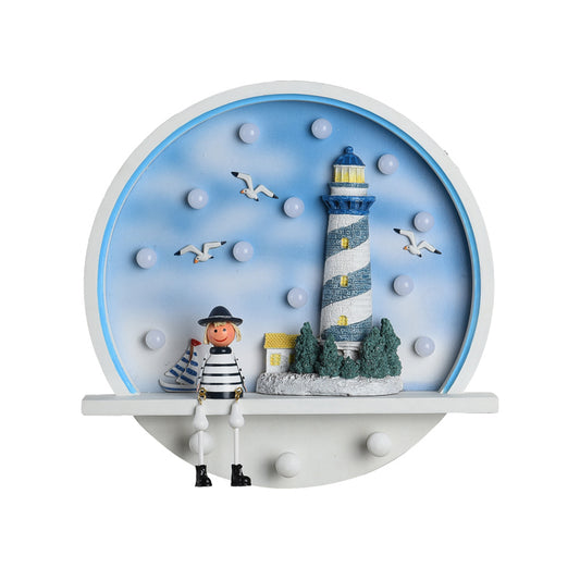 Circle Surface Wall Sconce Coastal Wood LED Blue Wall Lamp Fixture with Seagull and Lighthouse Deco in Warm/White Light Clearhalo 'Wall Lamps & Sconces' 'Wall Lights' Lighting' 1866923