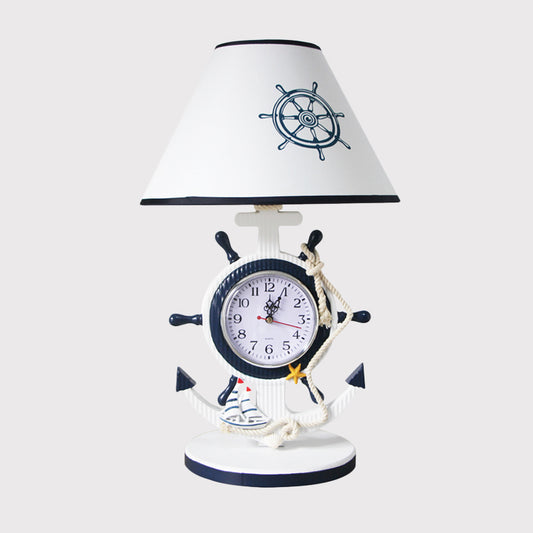 Rudder Base Table Lighting Children Style Resin Single Bulb Blue Shaded Night Stand Lamp with Clock Design Clearhalo 'Lamps' 'Table Lamps' Lighting' 1867025