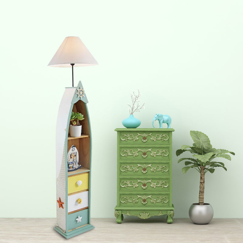 Wood Surfboard-Like Shelf Floor Lamp Children Single Head Pink/Green/Blue Standing Light with Cone White Fabric Shade Green Clearhalo 'Floor Lamps' 'Lamps' Lighting' 1867037