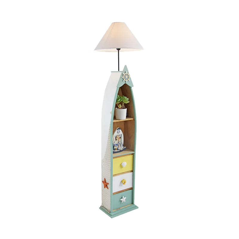 Wood Surfboard-Like Shelf Floor Lamp Children Single Head Pink/Green/Blue Standing Light with Cone White Fabric Shade Clearhalo 'Floor Lamps' 'Lamps' Lighting' 1867038