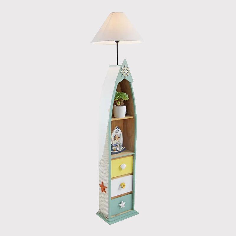 Wood Surfboard-Like Shelf Floor Lamp Children Single Head Pink/Green/Blue Standing Light with Cone White Fabric Shade Clearhalo 'Floor Lamps' 'Lamps' Lighting' 1867039