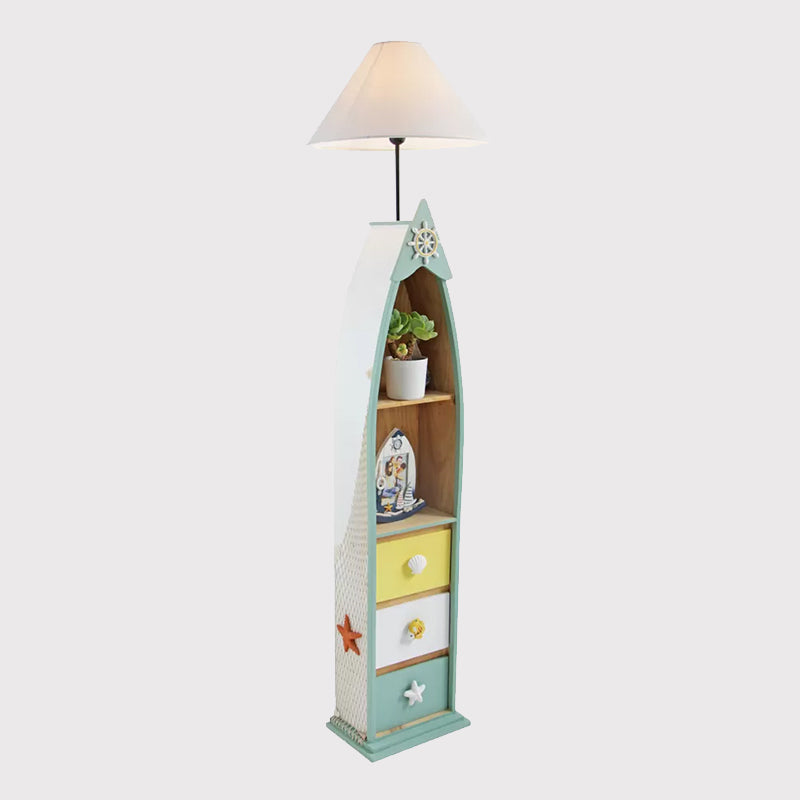 Wood Surfboard-Like Shelf Floor Lamp Children Single Head Pink/Green/Blue Standing Light with Cone White Fabric Shade Clearhalo 'Floor Lamps' 'Lamps' Lighting' 1867039