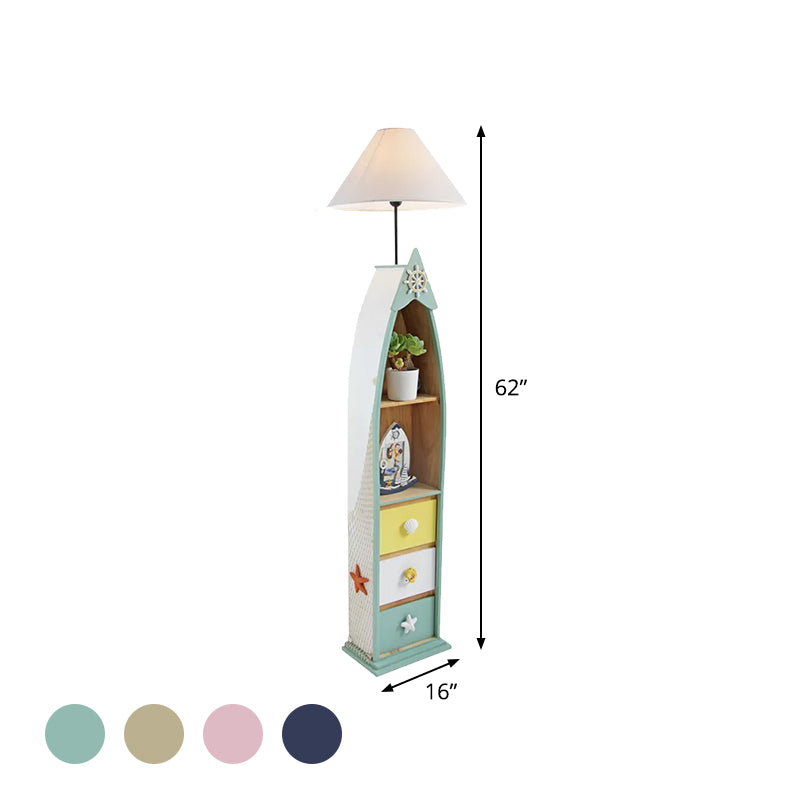Wood Surfboard-Like Shelf Floor Lamp Children Single Head Pink/Green/Blue Standing Light with Cone White Fabric Shade Clearhalo 'Floor Lamps' 'Lamps' Lighting' 1867040