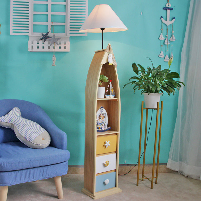 Wood Surfboard-Like Shelf Floor Lamp Children Single Head Pink/Green/Blue Standing Light with Cone White Fabric Shade Wood Clearhalo 'Floor Lamps' 'Lamps' Lighting' 1867041