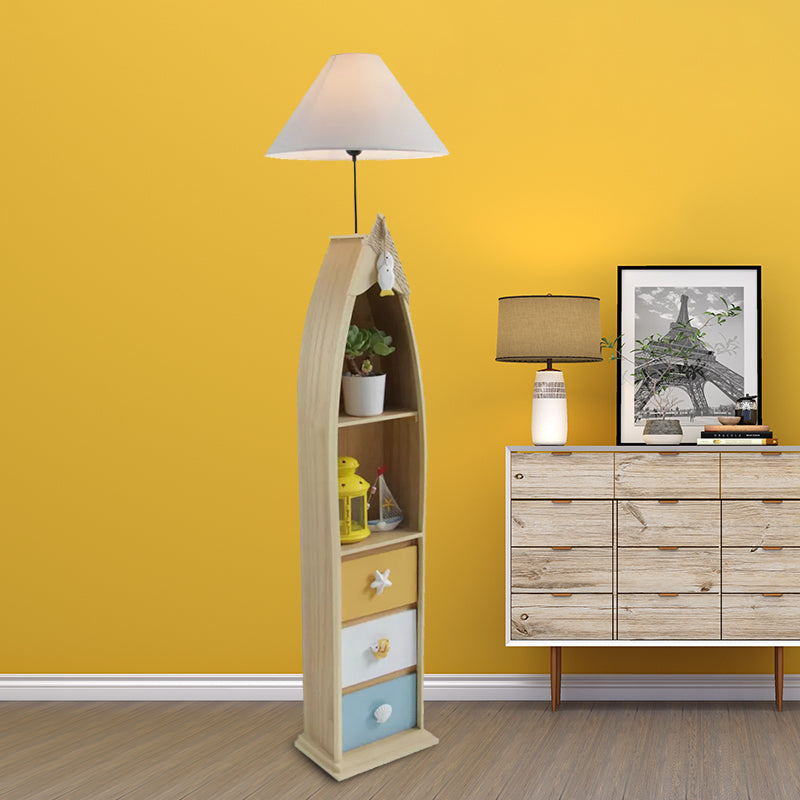 Wood Surfboard-Like Shelf Floor Lamp Children Single Head Pink/Green/Blue Standing Light with Cone White Fabric Shade Clearhalo 'Floor Lamps' 'Lamps' Lighting' 1867042