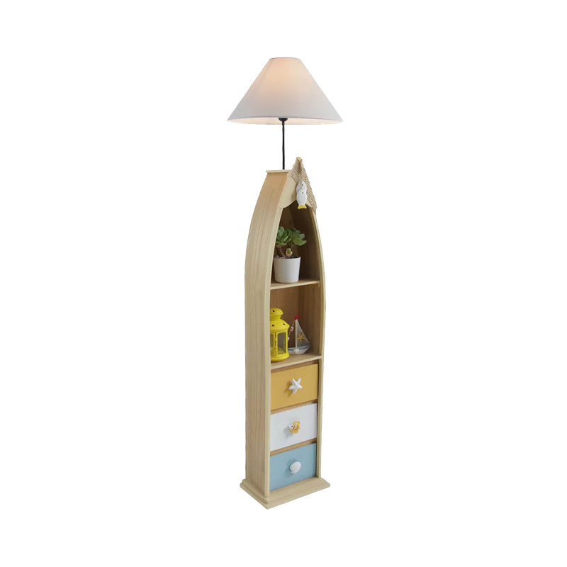 Wood Surfboard-Like Shelf Floor Lamp Children Single Head Pink/Green/Blue Standing Light with Cone White Fabric Shade Clearhalo 'Floor Lamps' 'Lamps' Lighting' 1867043