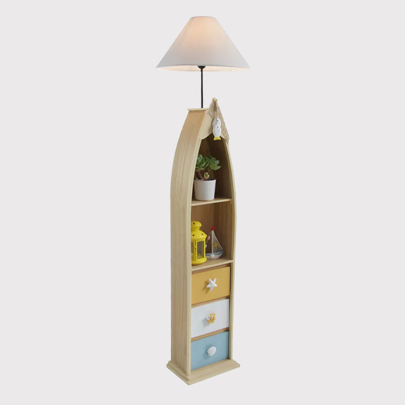 Wood Surfboard-Like Shelf Floor Lamp Children Single Head Pink/Green/Blue Standing Light with Cone White Fabric Shade Clearhalo 'Floor Lamps' 'Lamps' Lighting' 1867044
