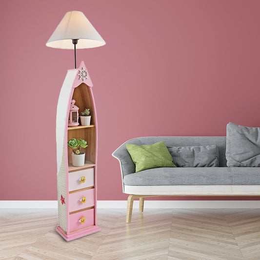 Wood Surfboard-Like Shelf Floor Lamp Children Single Head Pink/Green/Blue Standing Light with Cone White Fabric Shade Pink Clearhalo 'Floor Lamps' 'Lamps' Lighting' 1867045