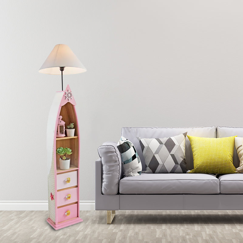 Wood Surfboard-Like Shelf Floor Lamp Children Single Head Pink/Green/Blue Standing Light with Cone White Fabric Shade Clearhalo 'Floor Lamps' 'Lamps' Lighting' 1867046
