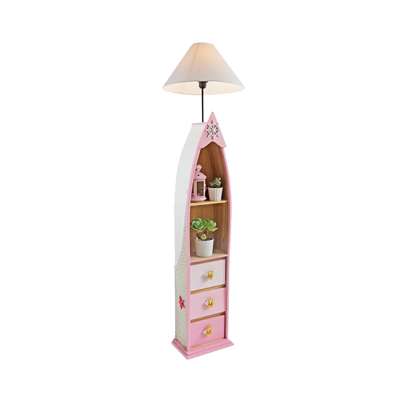 Wood Surfboard-Like Shelf Floor Lamp Children Single Head Pink/Green/Blue Standing Light with Cone White Fabric Shade Clearhalo 'Floor Lamps' 'Lamps' Lighting' 1867047