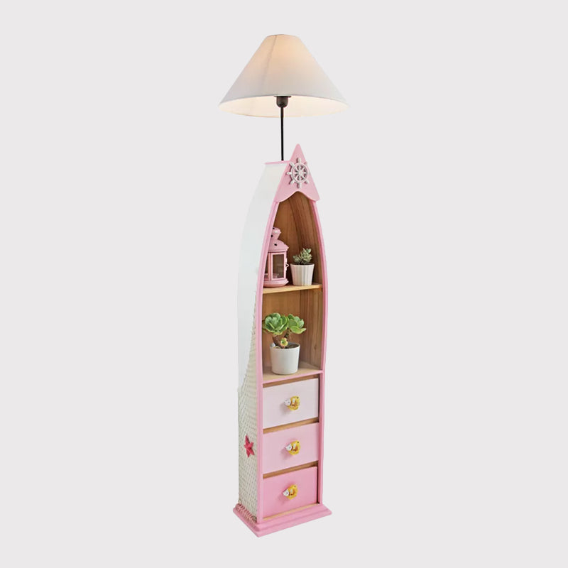 Wood Surfboard-Like Shelf Floor Lamp Children Single Head Pink/Green/Blue Standing Light with Cone White Fabric Shade Clearhalo 'Floor Lamps' 'Lamps' Lighting' 1867048