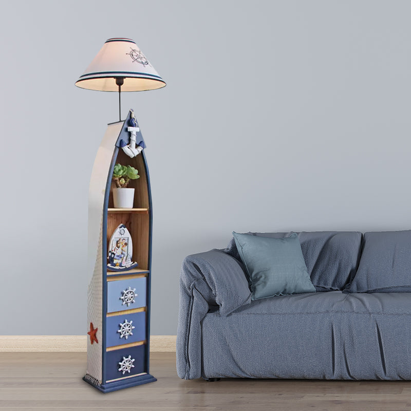 Wood Surfboard-Like Shelf Floor Lamp Children Single Head Pink/Green/Blue Standing Light with Cone White Fabric Shade Blue Clearhalo 'Floor Lamps' 'Lamps' Lighting' 1867049
