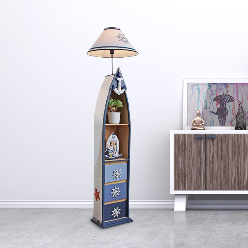 Wood Surfboard-Like Shelf Floor Lamp Children Single Head Pink/Green/Blue Standing Light with Cone White Fabric Shade Clearhalo 'Floor Lamps' 'Lamps' Lighting' 1867050